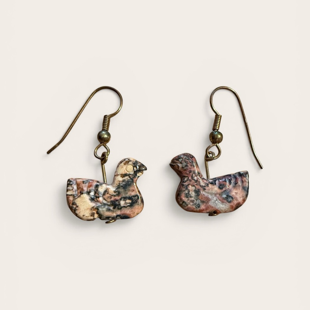 JASPER Stone Duck Carved Brass Earrings Gemstone Jewery